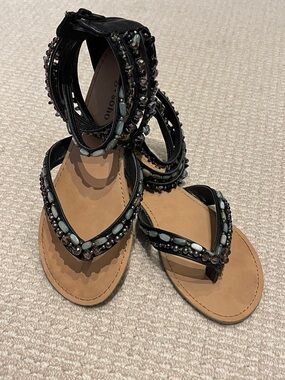 Zigi Soho Black Beaded Ankle-Wrap Sandals with Mint Accents